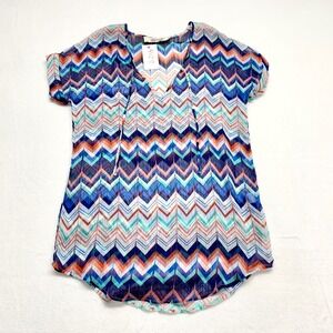 Emmlee Chevron Zig Zag Tunic Womens Size S/M Blue Orange Sheer Chiffon Boho Top